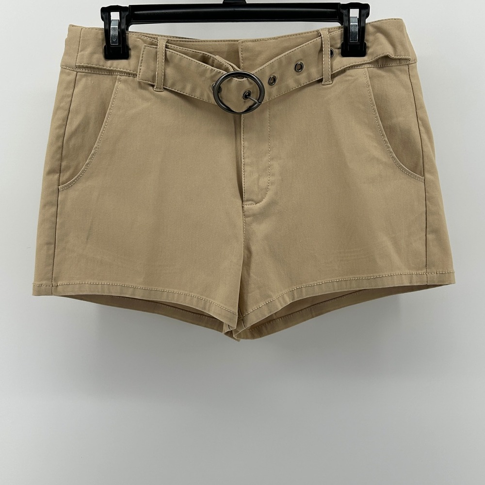 Madden NYC Khaki Belted Shorts Tan Stretch Girls Large Y2K Preppy Safari Minimal